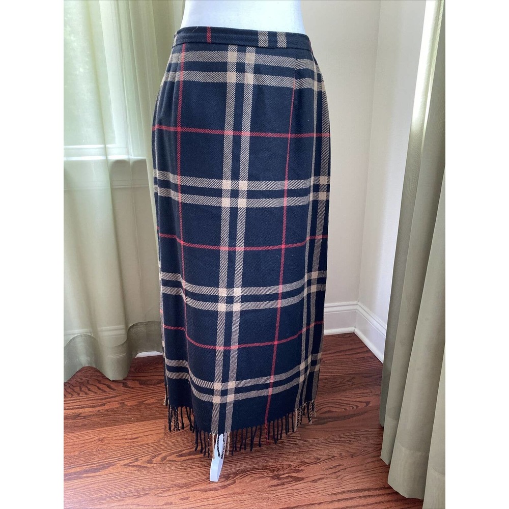 vintage Requirements black Scottish plaid fringe hem Wool skirt 12 USA